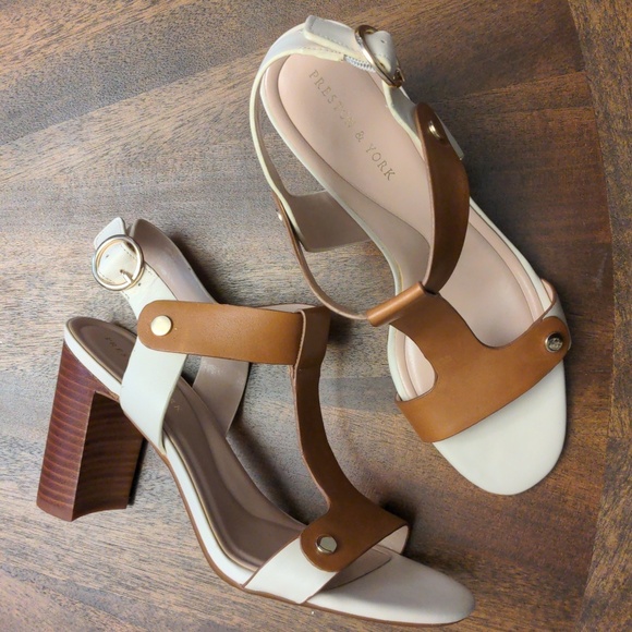 Preston & York “Faye” Leather Block Heel Sandals Tan White Slingback Size 9M NWO - Picture 5 of 12